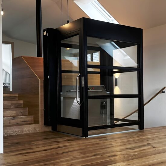 Homelift Plattformlift in einem EFH mit Glas und freistehendem Schacht
