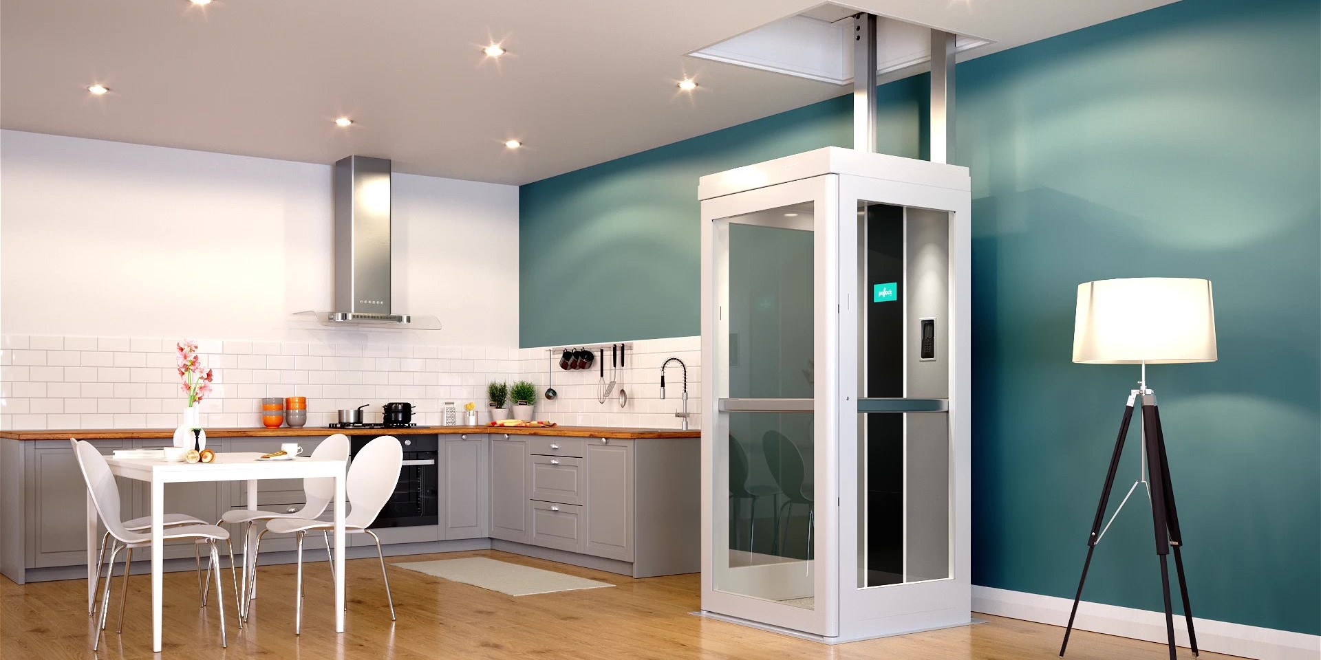 Kabinenlift Pollock 25. Titelbild bei welchen man die Kabnine vom Lift, welche Ohne Schacht in der unteren haltestelle in der Küche steht.